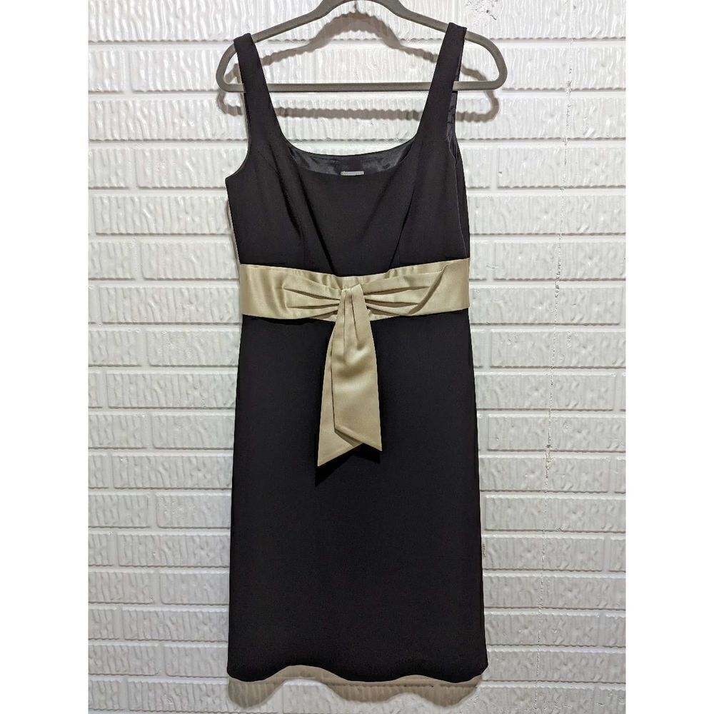 Ann Taylor Women's Black Sleeveless Tan Satin Waist Tie A-Line Dress Size 8